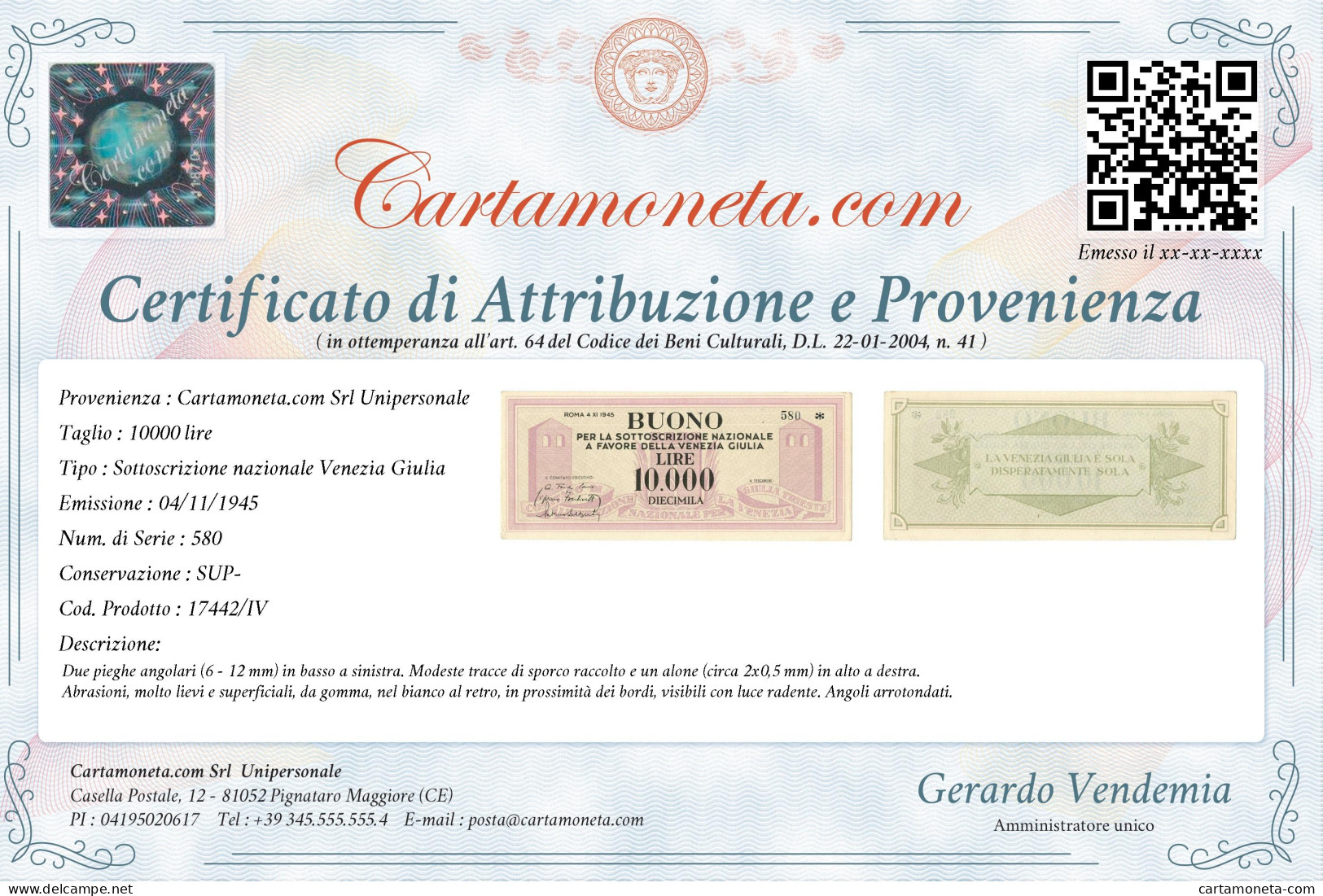 10000 LIRE BUONO SOTTOSCRIZIONE NAZIONALE VENEZIA GIULIA 04/11/1945 SUP- - Other & Unclassified