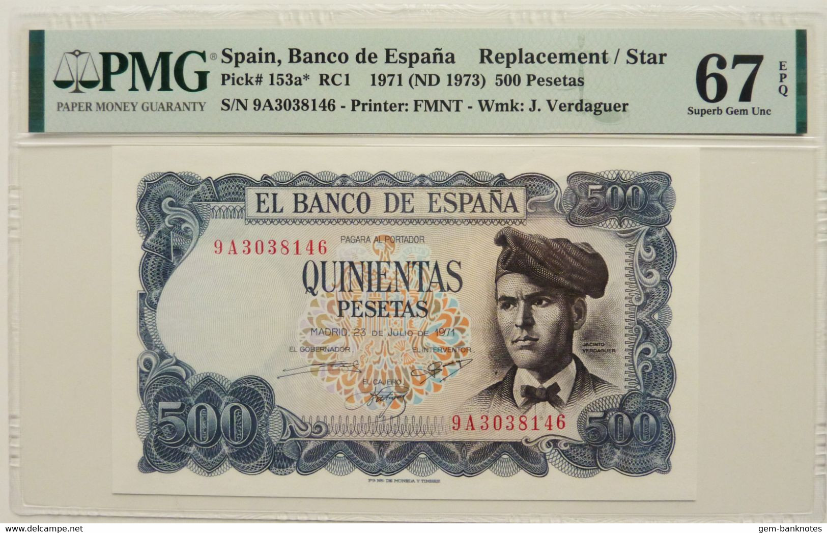 Spain 500 Pesetas 1971 P153a* Prefix 9A Replacement/Reemplazo Graded 67 EPQ SuperGem Uncirculated By PMG - 500 Pesetas