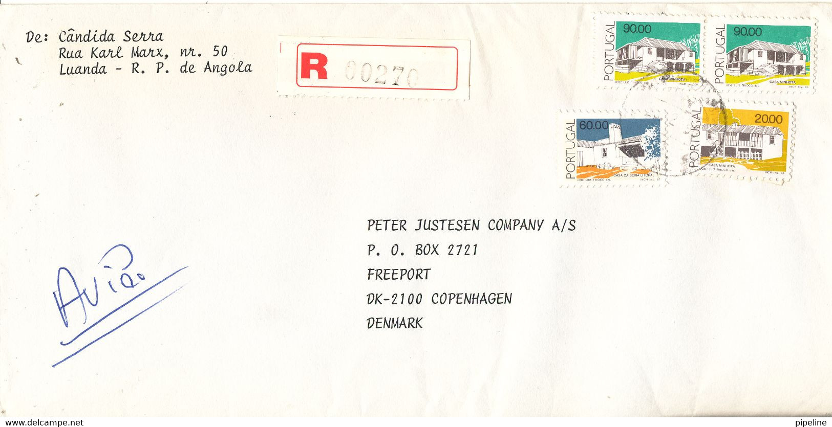 Portugal Registered Cover Sent Air Mail To Denmark 2-2-1990 (from Luanda Angola) - Brieven En Documenten