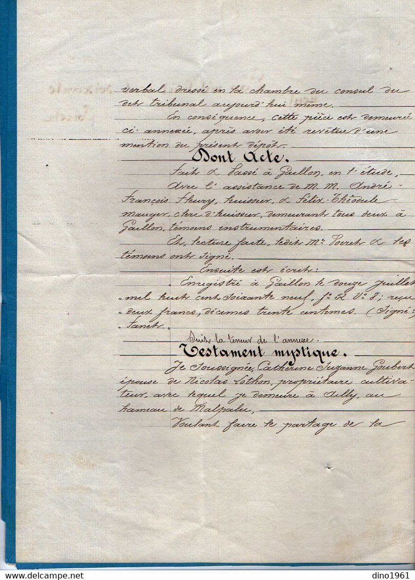 VP21.225 - GAILLON - Acte De 1869 - Dépôt Du Testament Mystique De Mme LOTHON - GOUBERT à AILLY - Manuscrits