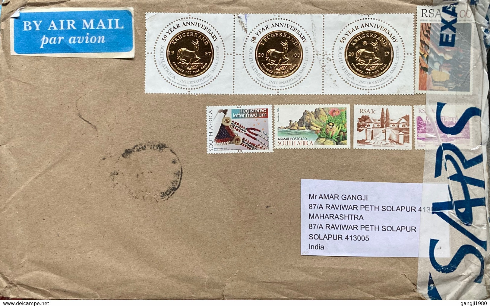 SOUTH AFRICA 2022, COVER USED TO INDIA,GOLD COIN 2017, ROUND STAMP, REGISTER STAMP, HANDICRAFT, SPECIAL POSTCARD STAMP - Lettres & Documents