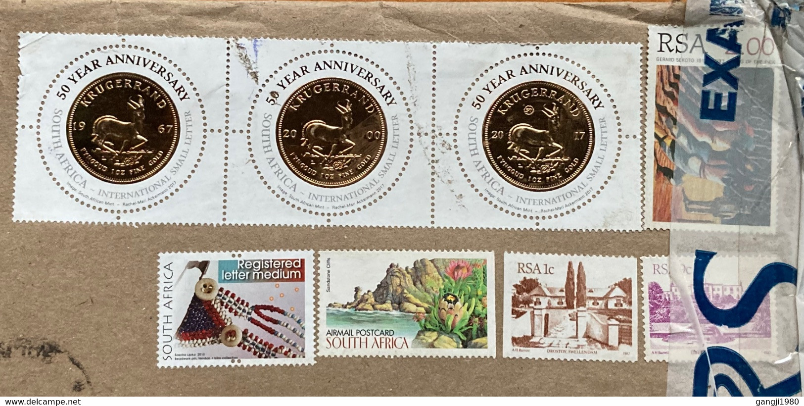 SOUTH AFRICA 2022, COVER USED TO INDIA,GOLD COIN 2017, ROUND STAMP, REGISTER STAMP, HANDICRAFT, SPECIAL POSTCARD STAMP - Cartas & Documentos