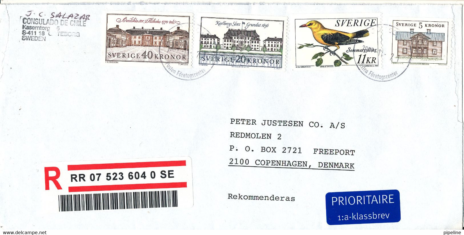 Sweden Registered Cover Sent To Denmark 21-11-2007 (sent From The Consulado Du Chile Göteborg) - Briefe U. Dokumente