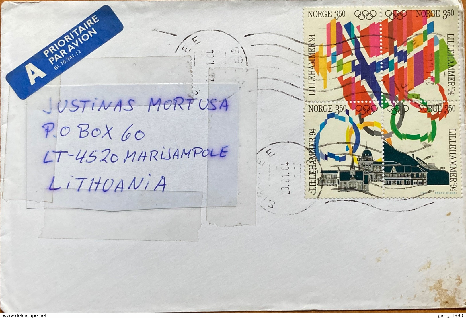 NORWAY TO LITHUANIA COVER USED 1994, LILLEHAMMER 94, OLYMPIC, SPORT, FLAG, BUILDING, SIRRAEE TOWN  AGOTNES CANCEL - Cartas & Documentos