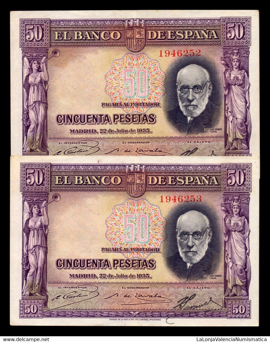 España Spain Pareja Correlativa 50 Pesetas Santiago Ramón Y Cajal 1935 Pick 88 MBC/+ VF/+ - 50 Pesetas