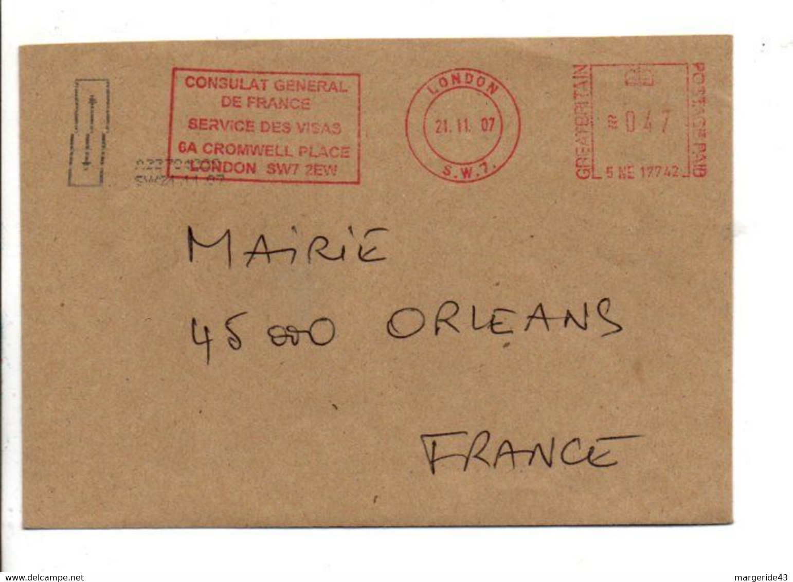 GB EMA CONSULAT DE FRANCE DE LONDRES SUR LETTRE POUR LA FRANCE 2007 - Cartas & Documentos