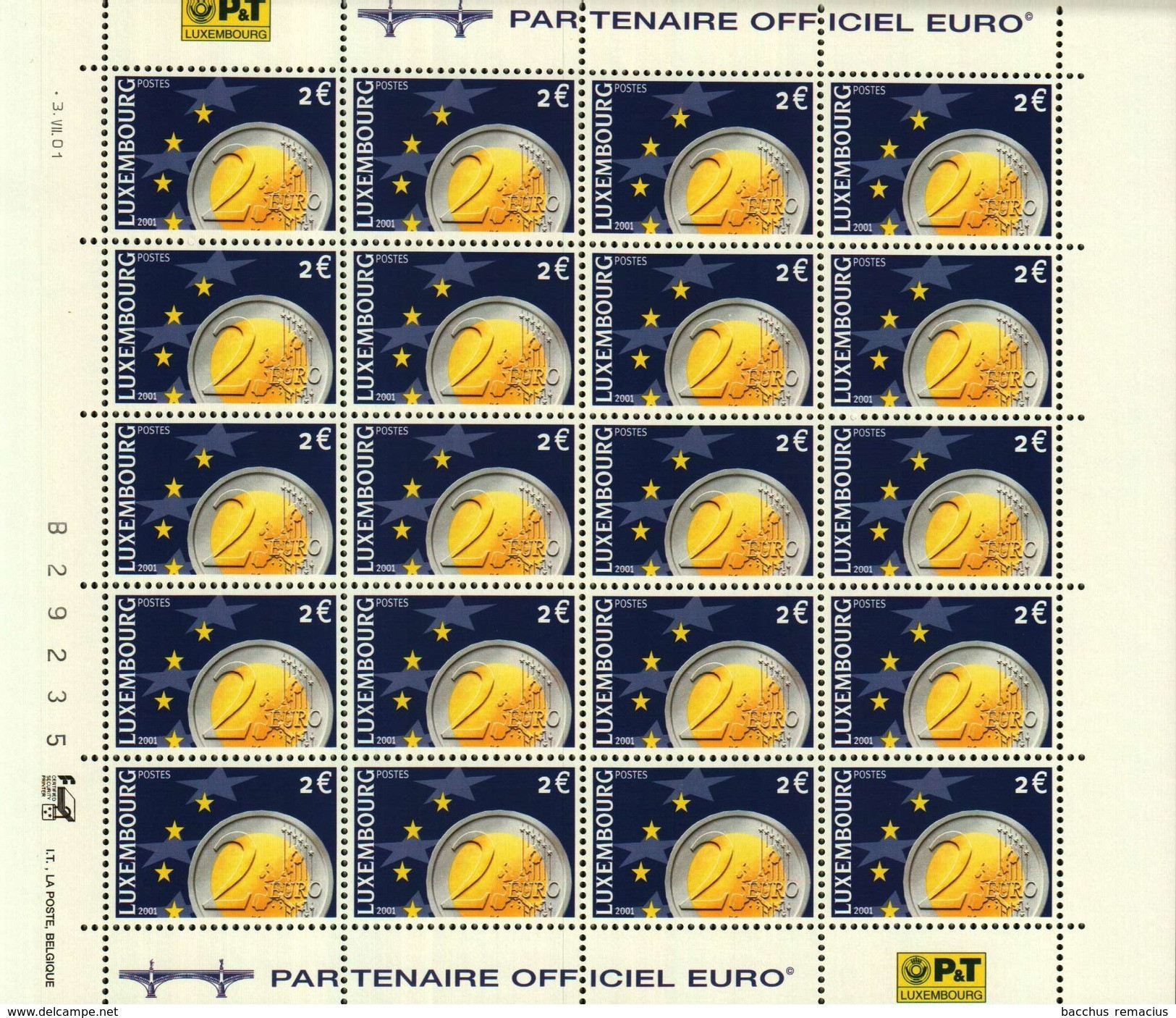 LUXEMBOURG Feuille De 20 Timbres à 2 Euros Pièces De Monnaie Euro 2001 - Full Sheets