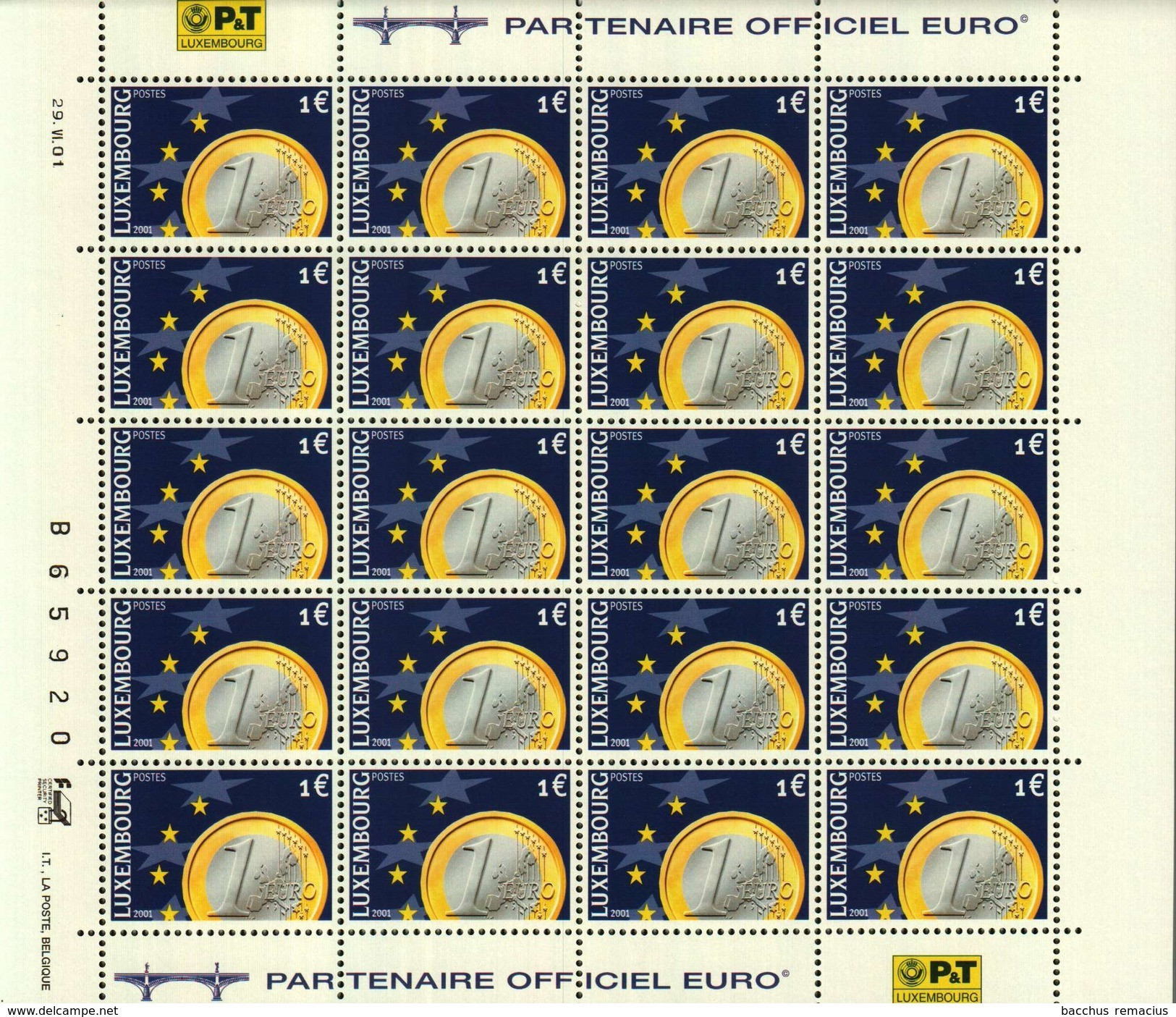 LUXEMBOURG Feuille De 20 Timbres à 1 Euro Pièces De Monnaie Euro 2001 - Full Sheets