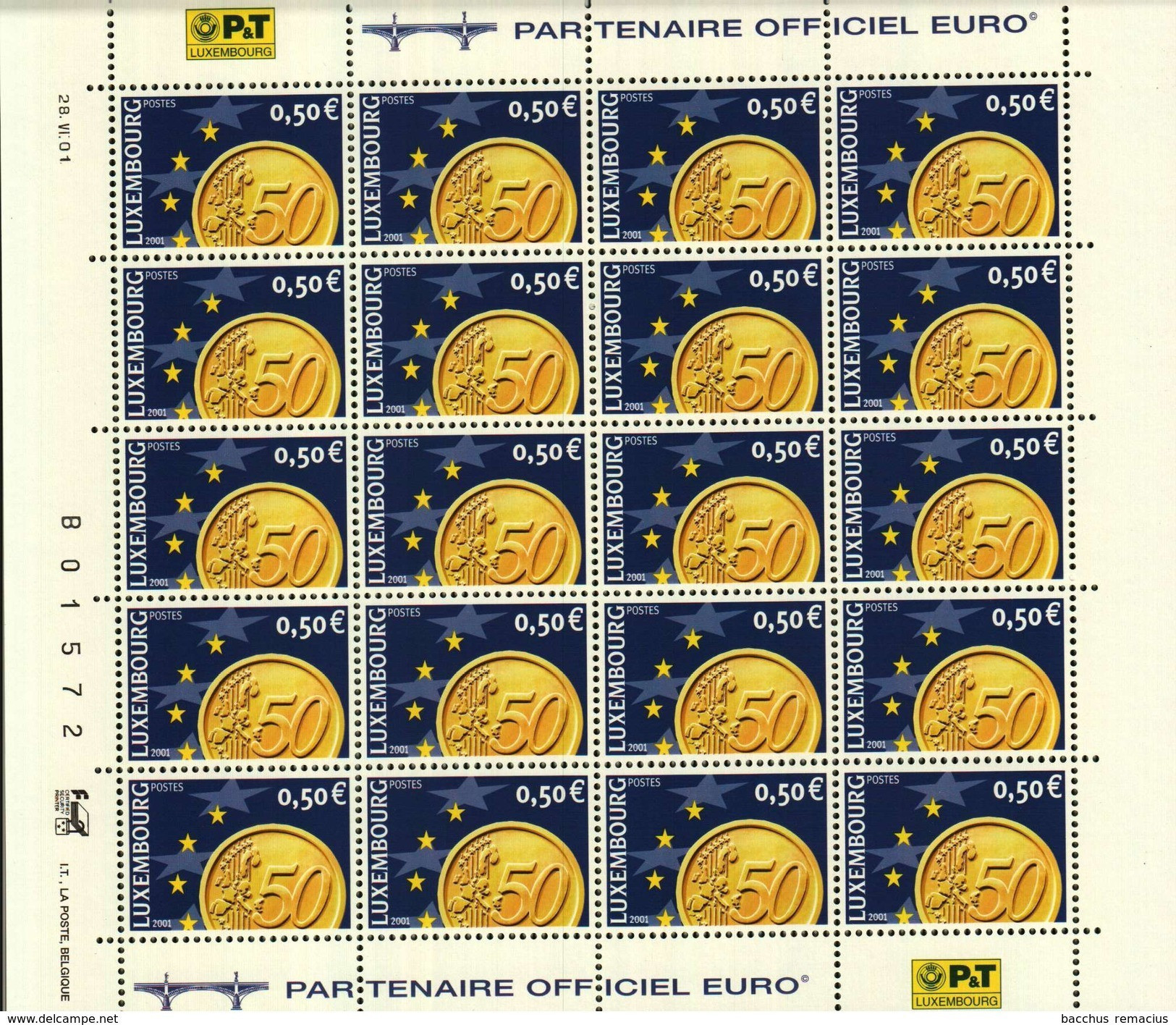 LUXEMBOURG Feuille De 20 Timbres à 0,50 Euro Pièces De Monnaie Euro 2001 - Full Sheets