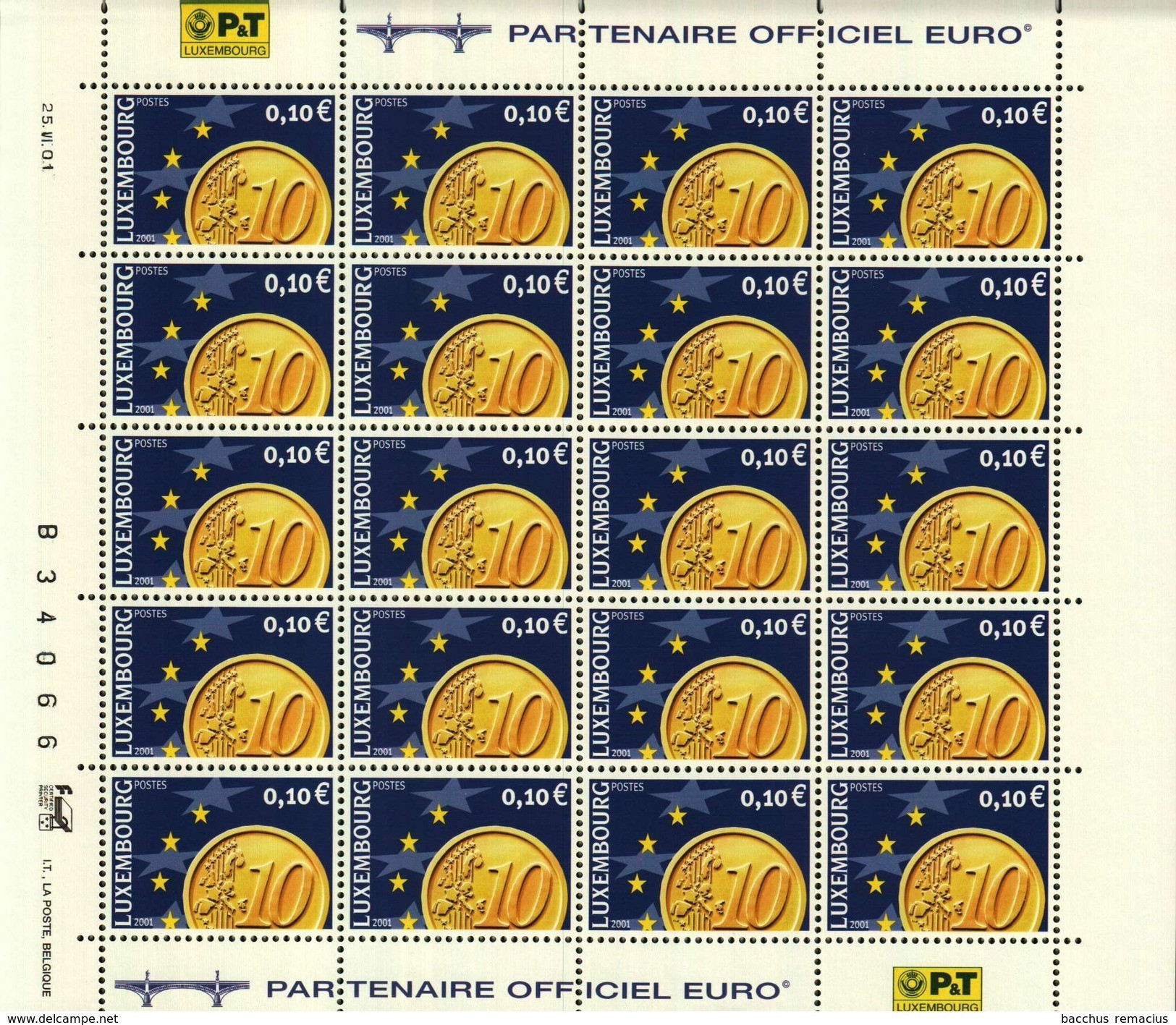 LUXEMBOURG Feuille De 20 Timbres à 0,10 Euro Pièces De Monnaie Euro 2001 - Full Sheets