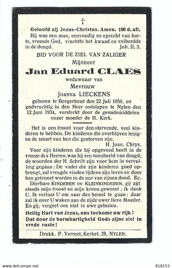 Nijlen Doodsprentje   Jan Eduard CLAES - Nijlen