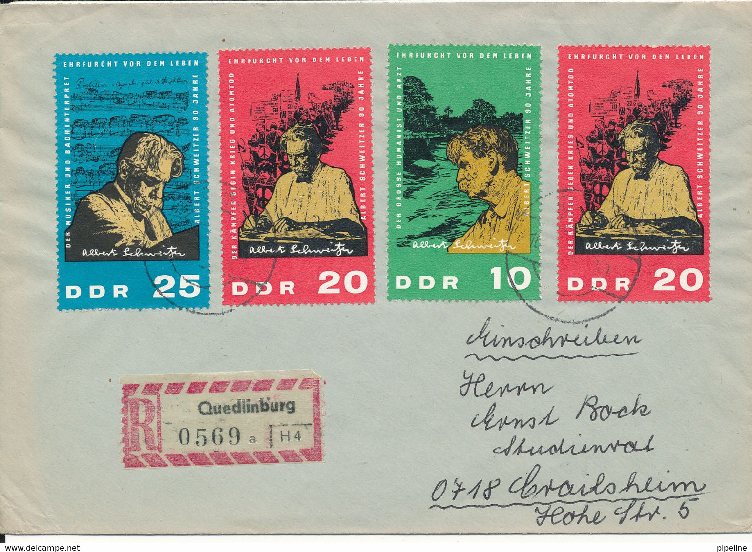 Germany DDR Registered Cover 1965 Good Franked With Complete Set Albert Schweitzer - Albert Schweitzer