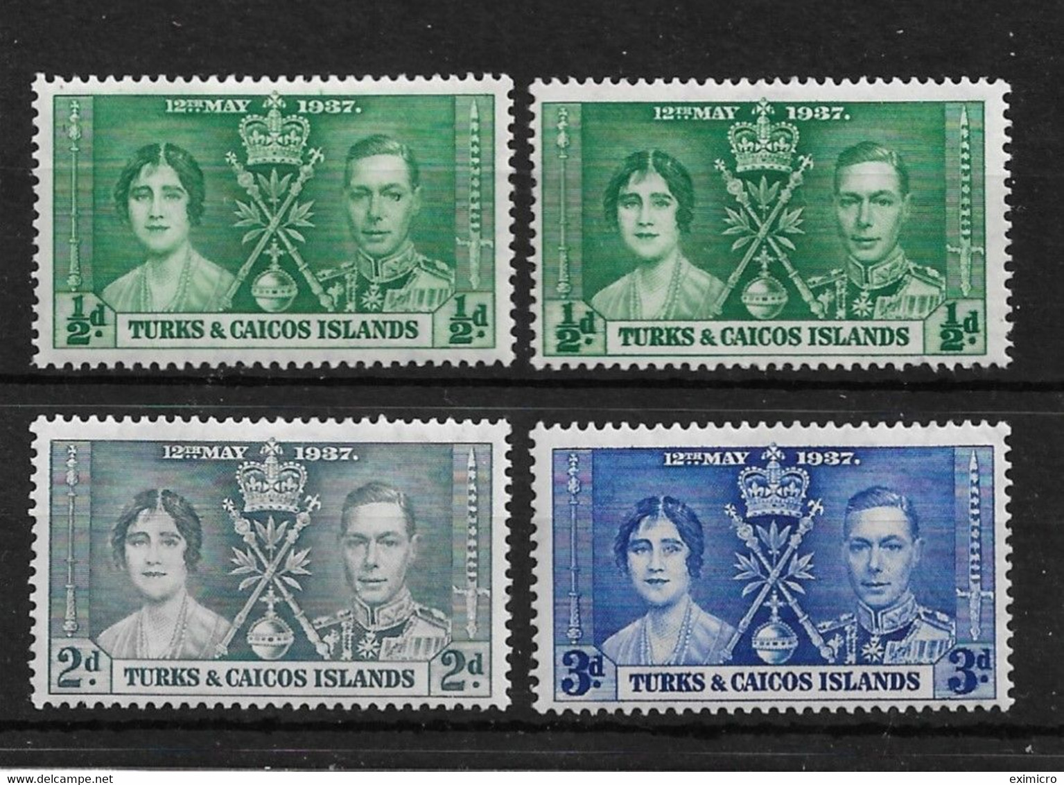 TURKS AND CAICOS I937 CORONATION SET OF 4 STAMPS INCLUDING BOTH LISTED ½d COLOUR SHADES SG191/193 MOUNTED MINT Cat £37 - Turks & Caicos (I. Turques Et Caïques)