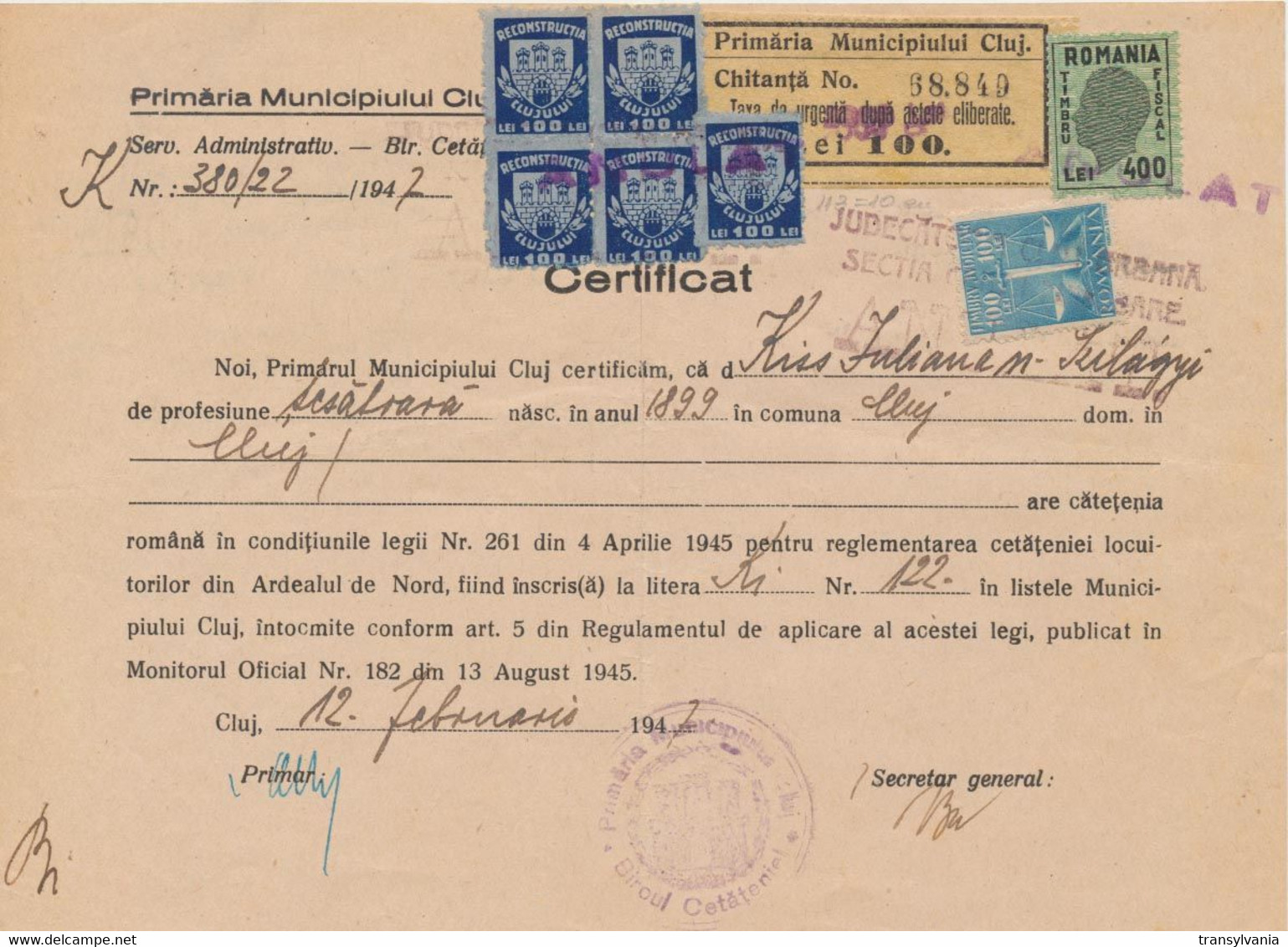 Romania February 1947 Certificate Of Cluj Mayoralty With 6 Municipal Revenue Stamps One Double Overprinted For Inflation - Fiscaux