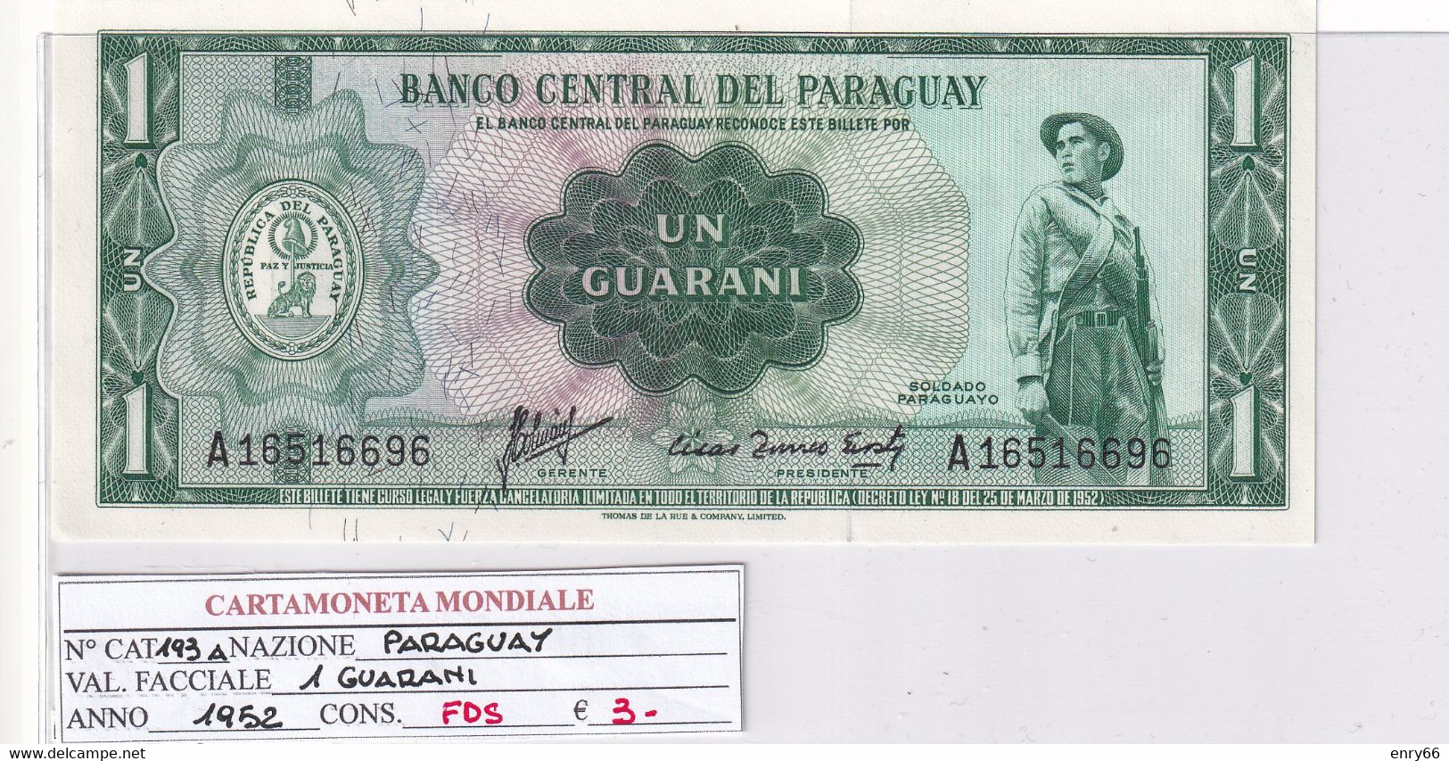 PARAGUAY 1 GUARANI 1952 P 193 A - Paraguay