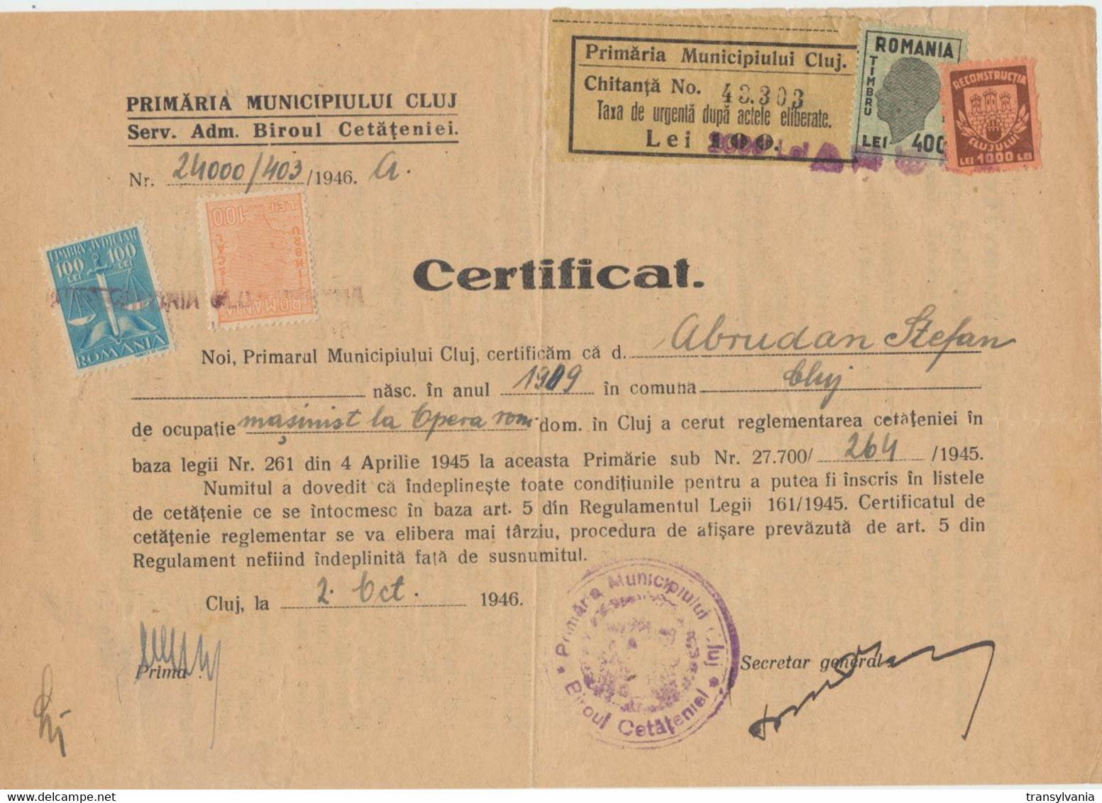 Romania 1946 Certificate Printed On Hungary WW2 Occupation Paper By Cluj Mayoralty - 2 Municipal Revenue Stamps - Fiscales