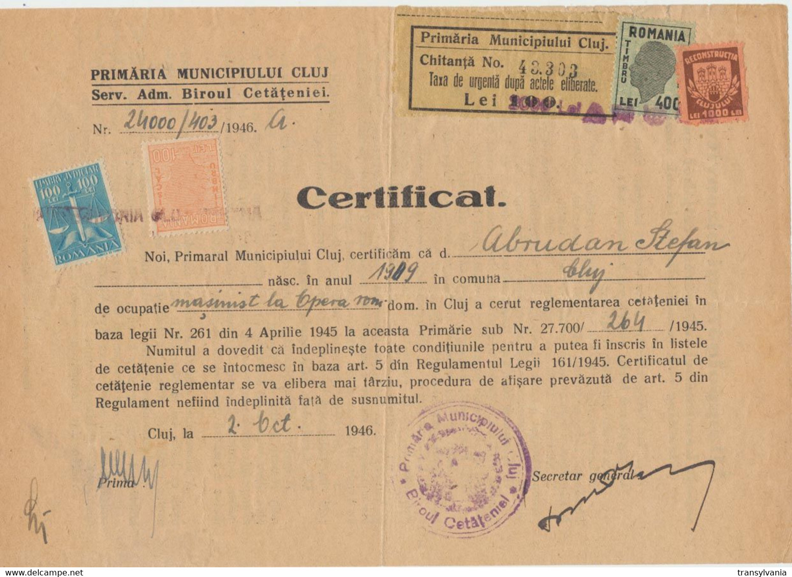 Romania 1946 Certificate Printed On Hungary WW2 Occupation Paper By Cluj Mayoralty - 2 Municipal Revenue Stamps - Steuermarken