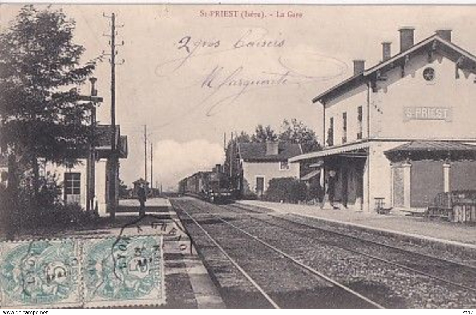 SAINT PRIEST                              LA GARE. ARRIVEE DU TRAIN   + CACHET AMBULANT LYON A GRENOBLE - Saint Priest