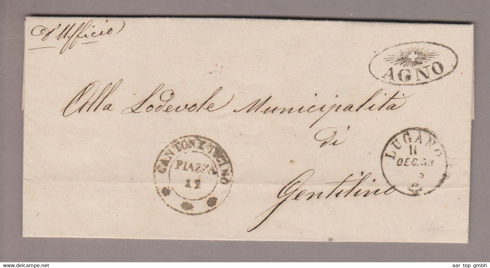 CH Heimat TI Agno 1859-12-11 Strahlenstempel Amtlich Brief über Lugano Nach Gentilino - Cartas & Documentos