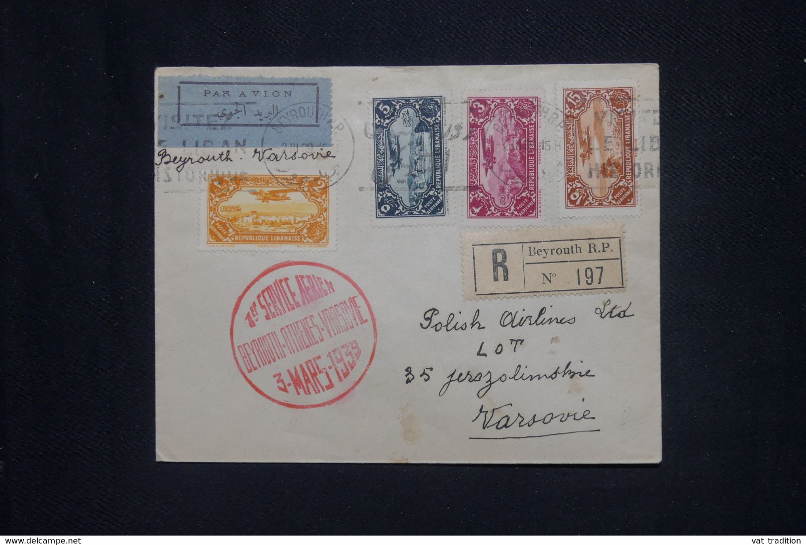 LIBAN - Enveloppe En Recommandé De Beyrouth Pour La Pologne En 1939 Par 1er Vol Beyrouth / Varsovie - L 136000 - Storia Postale