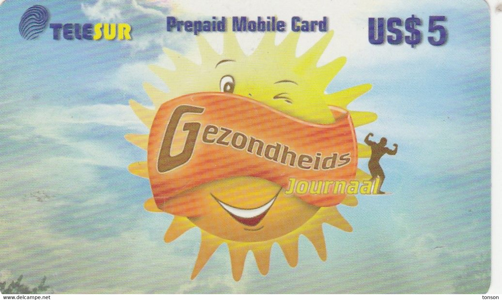 Surinam, $5, Telesur, Prepaid Mobile Card, 2 Scans. - Suriname