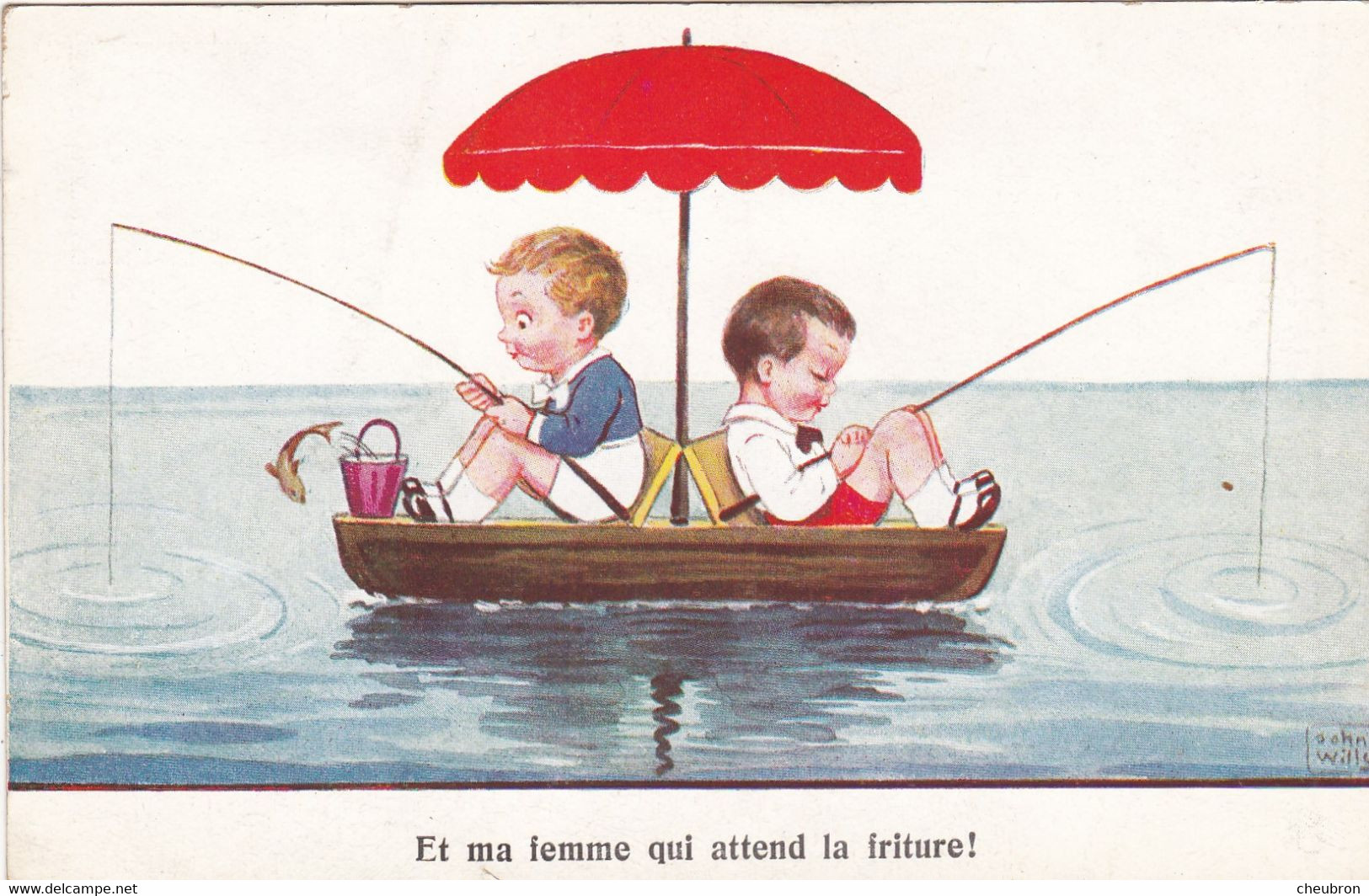 ILLUSTRATEURS.. CPA. ILLUSTRATION  JOHN WILLS. ENFANTS. PECHE . " ET MA FEMME QUI ATTEND LA FRITURE.". + TEXTE - Wills, John