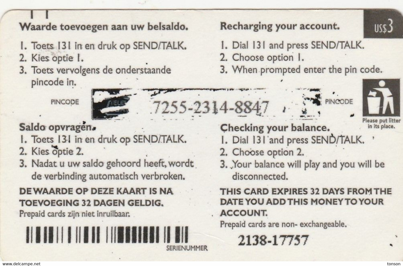 Surinam, $3, Prepaid Card, Phonehandle (B), 2 Scans. - Surinam