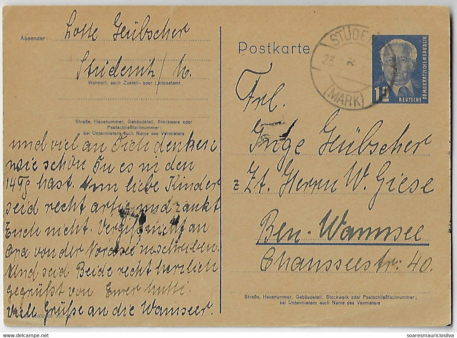 East Germany Democratic Republic 1953 Postal Stationery Card Stüdenitz To Berlin Stamp 12 Pf President Wilhelm Pieck - Postcards - Used