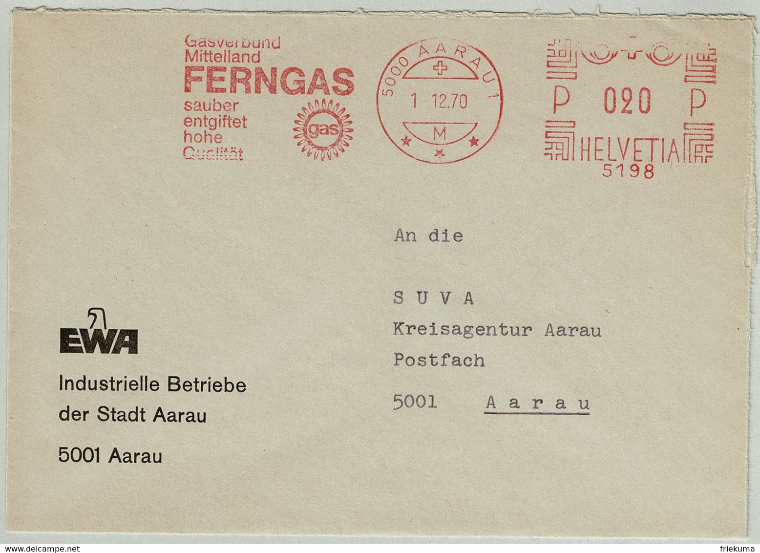 Schweiz / Helvetia 1970, Brief EMA EWA Aarau, Gas / Gaz, Gasverbund - Gaz