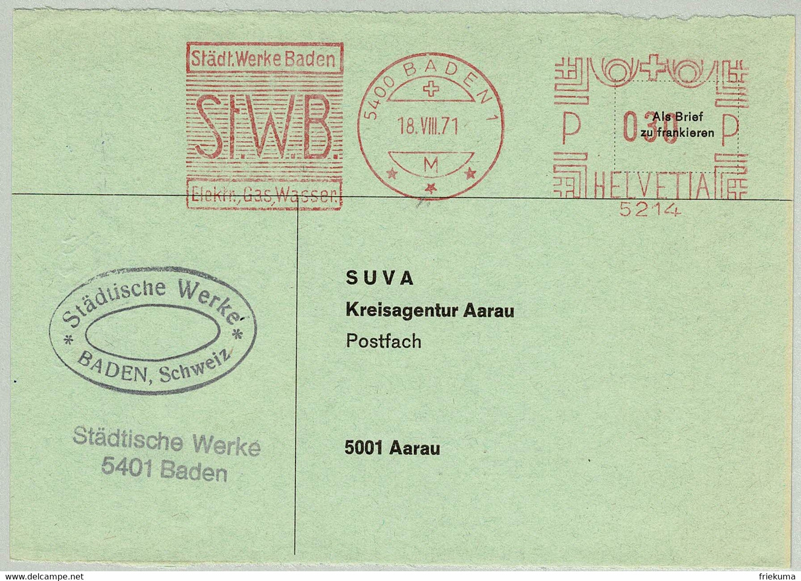 Schweiz / Helvetia 1971, Briefausschnitt EMA Städtische Werke Baden - Aarau, Elektrizität/Electricity, Gas/Gaz - Gas