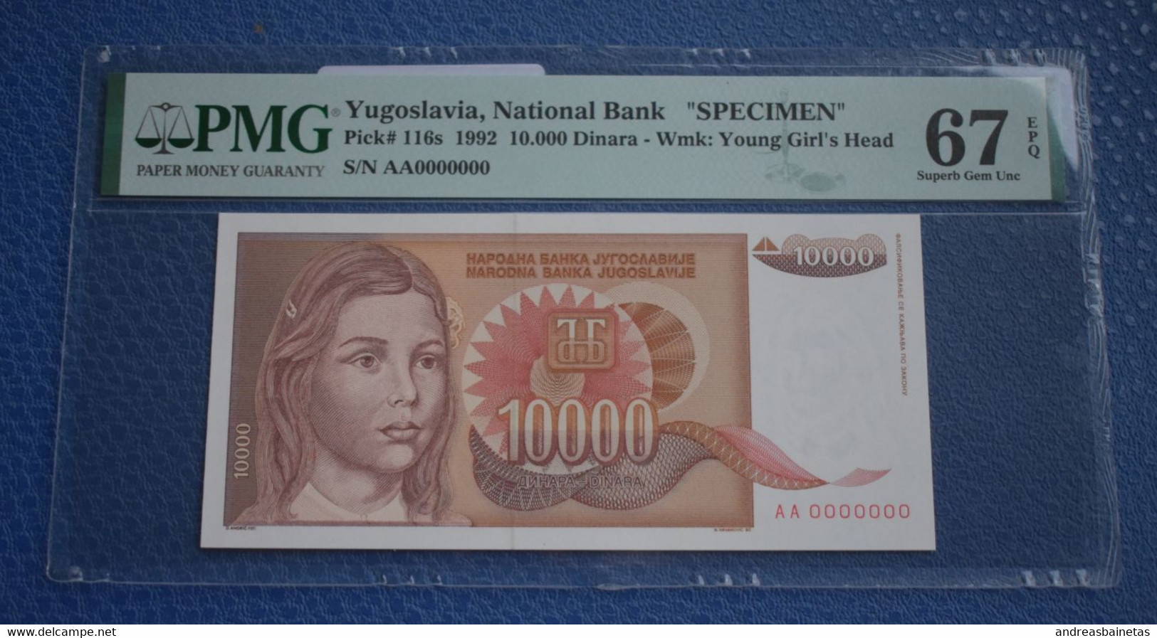 Banknotes Yugoslavia 10 000 Dinara 1992  PMG 67 SPECIMEN - Fictifs & Spécimens