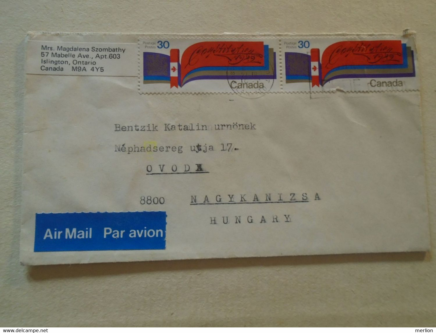 D192216    Canada - Cover     -cancel  Ca 1980's Islington, Ontario  -  Stamp Constitution 1982    -sent To Hungary - Brieven En Documenten