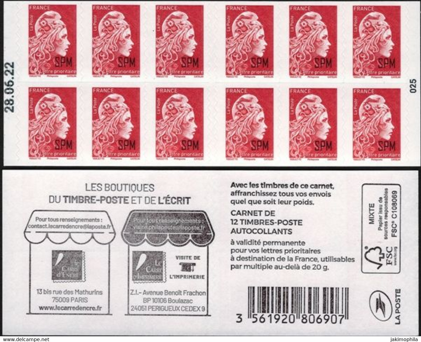 Saint Pierre Et Miquelon - Carnet Lettre Prioritaire Marianne D'YZ Avec Surcharge SPM "daté 28.06.22" Les Boutiques - Cuadernillos