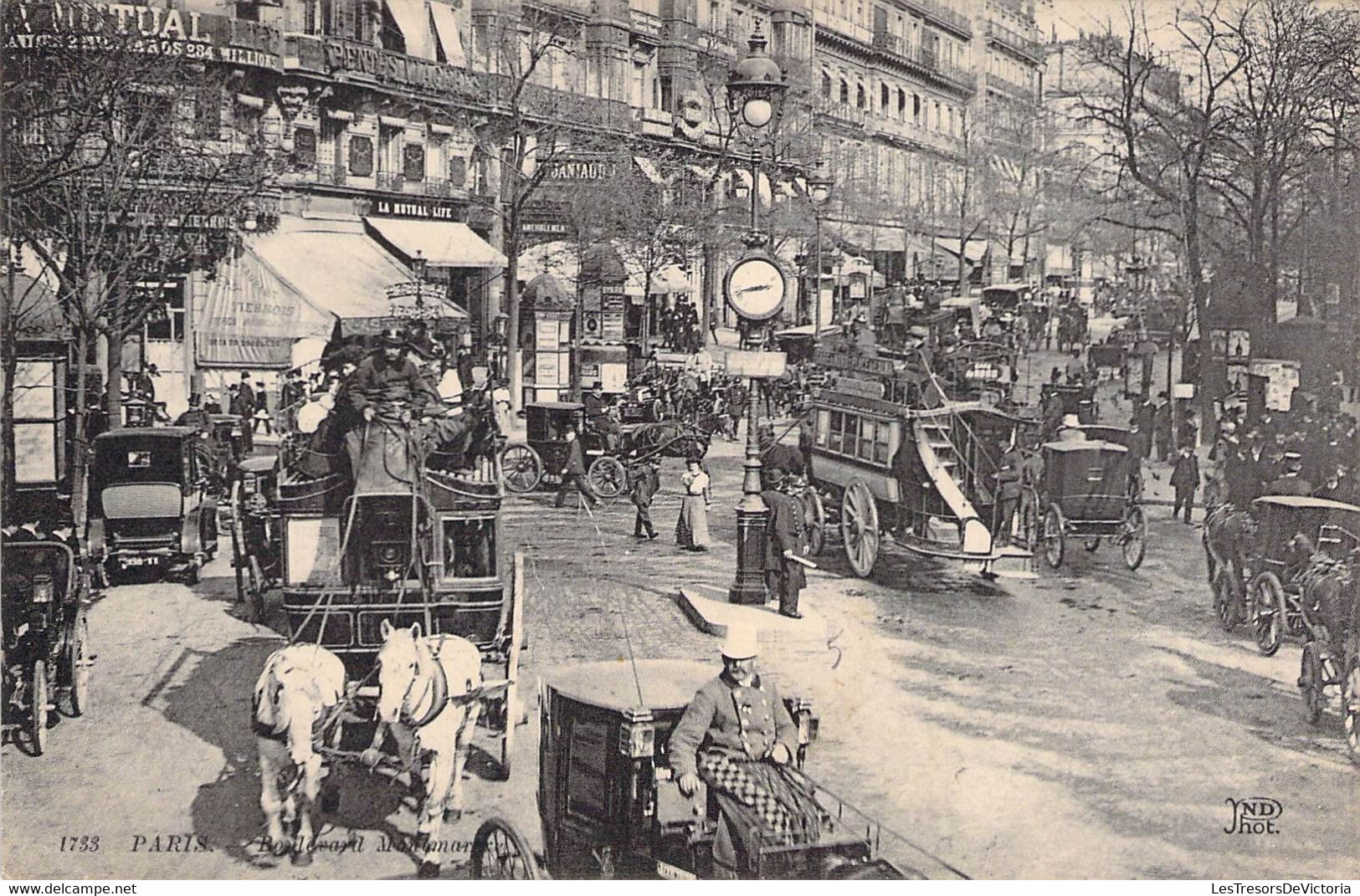 CPA France - Paris - Boulevard Montmartre - N. D. Photo - Oblitérée 1911 - Animée - Horloge - Attelage Avec Chevaux - Autres & Non Classés