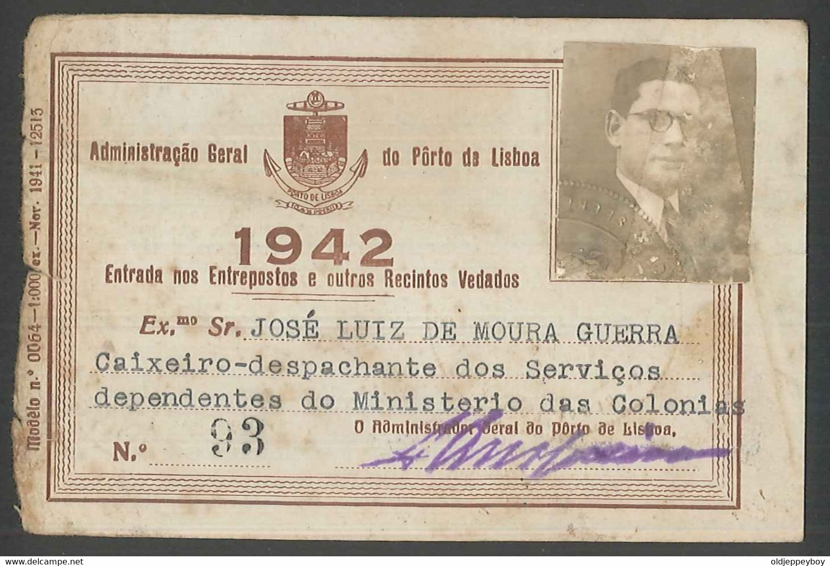 1942 Administracão Geral Do Porto De Lisboa   Cartão Entrepostos E Recintos Fechados  Ministério Das Colónias. - Ohne Zuordnung