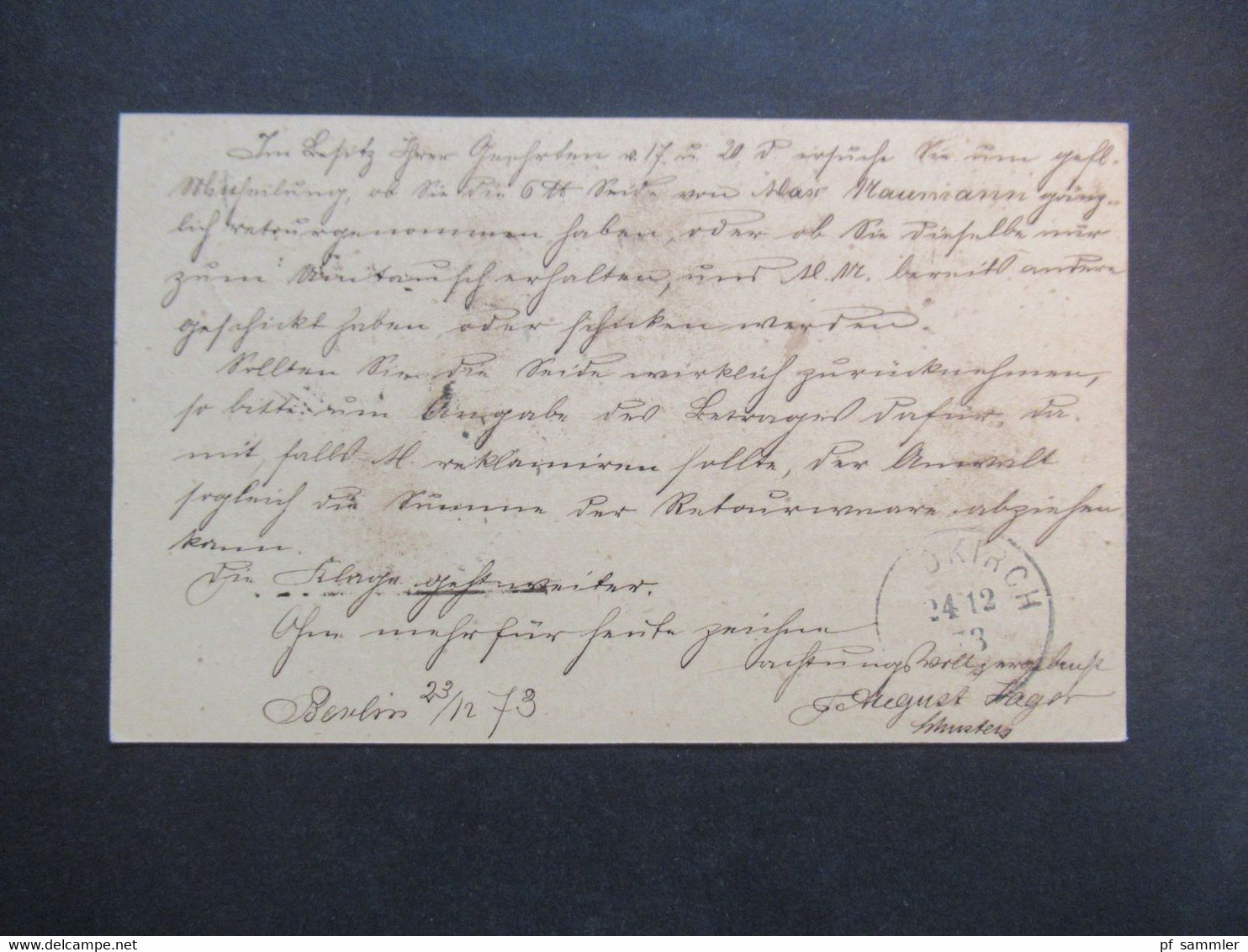 DR Reichspost 23.12.1873 Ganzsache P1 Adler In Großer Ellipse Stempel K1 Berlin P.A. 50 Nach Waldkirch In Baden - Briefe U. Dokumente