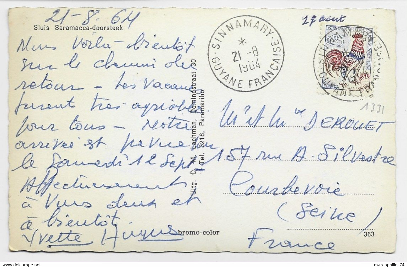 FRANCE COQ DECARIS 25C CARTE SURINAM OBL SINNAMARY 21.8.1964 GUYANE FRANCAISE - 1962-1965 Coq De Decaris