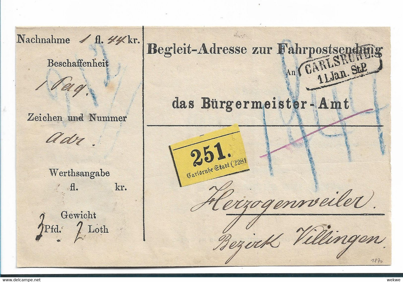 Bad297 / BADEN - Fahrpost 1870 Carlsruhe Nach Herzogenweiler 12.1.1870 - Lettres & Documents