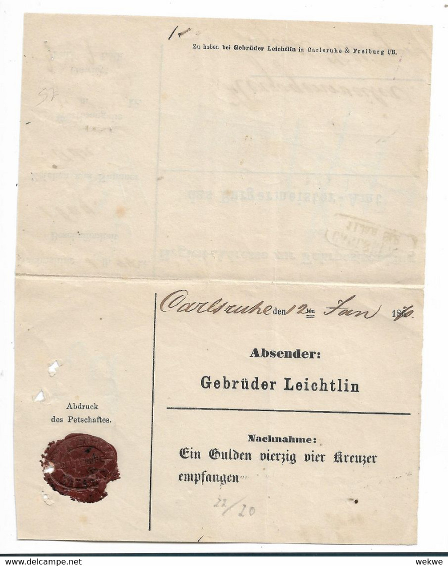 Bad297 / BADEN - Fahrpost 1870 Carlsruhe Nach Herzogenweiler 12.1.1870 - Storia Postale