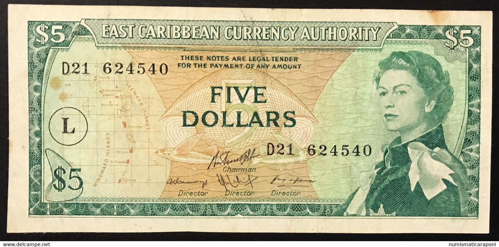 EAST CARIBBEAN STATES $ 5 Dollar 1965 Pick#14m SANTA LUCIA  F++ Mb+ LOTTO 3839 - East Carribeans