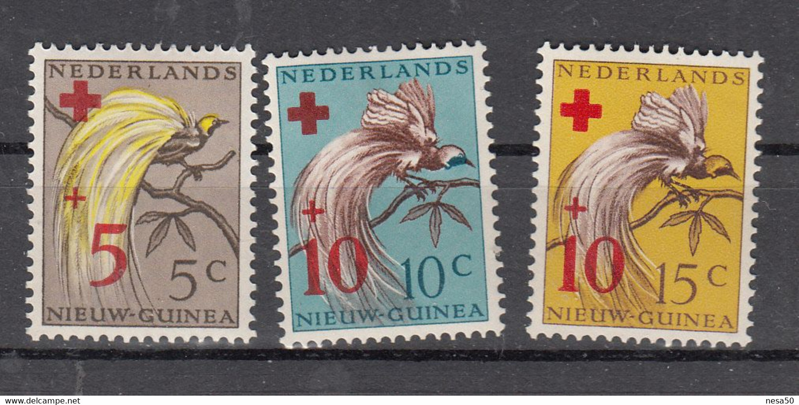 Nederland Nieuw-Guinea 1955 Mi Nr 38 - 40, Bird, Paradijsvogel, Rode Kruis, Red Cross Postfris Met Plakker - Netherlands New Guinea