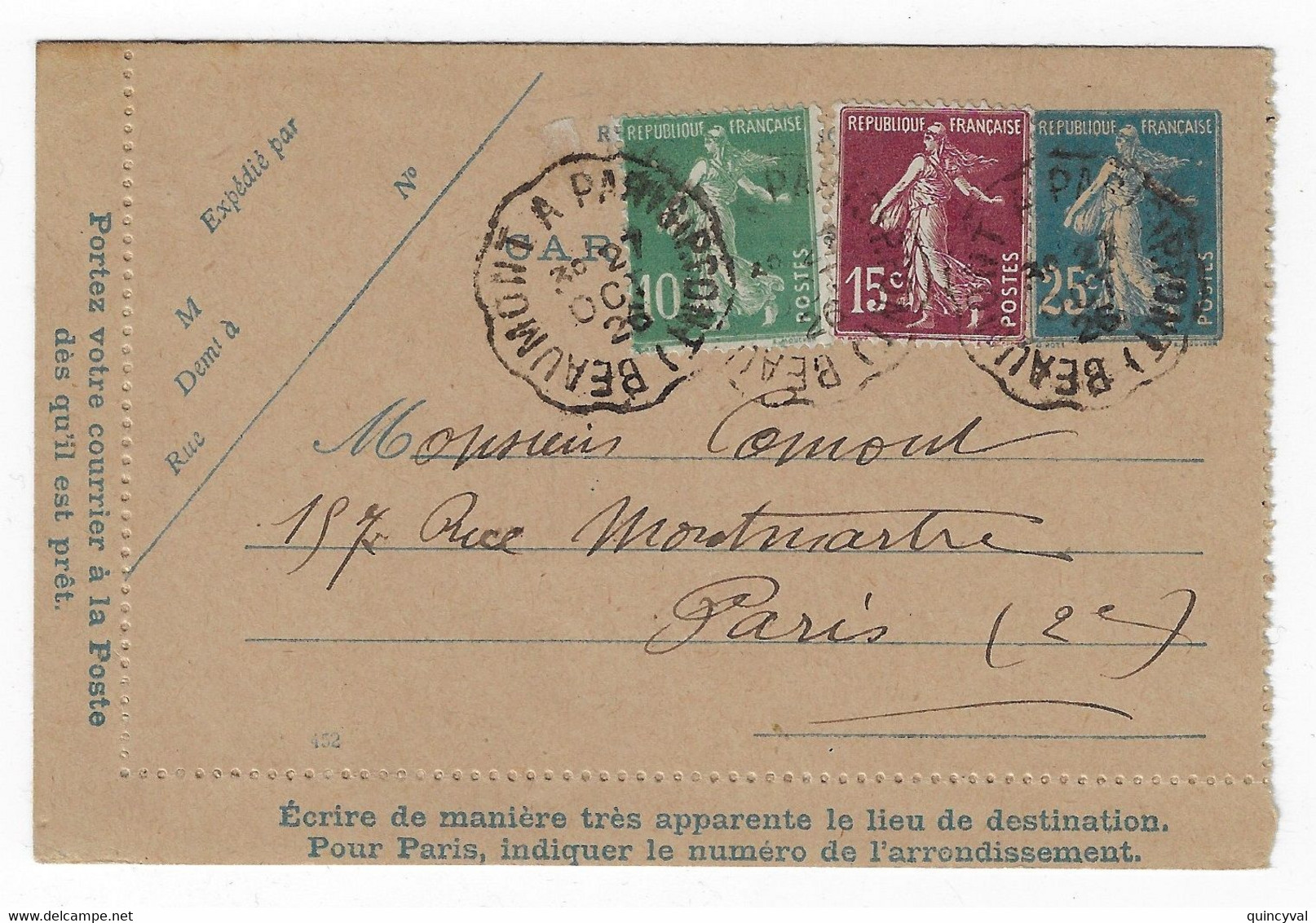 BEAUMONT à PARIS (PONT) Carte Lettre Entier 25c Semeuse Type III Mill 452 Comp Semeuse Ob 1926 Yv 140-CL1 159 189 - Kaartbrieven