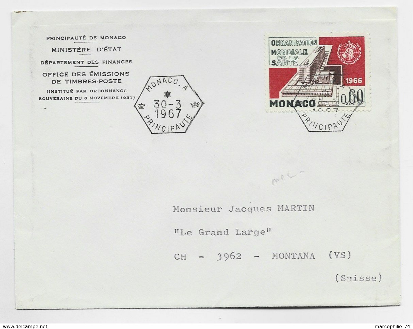 MONACO 60C SEUL LETTRE MECANIQUE C. HEX MONACO A 30.3.1967 TO SUISSE AU TARIF - Brieven En Documenten
