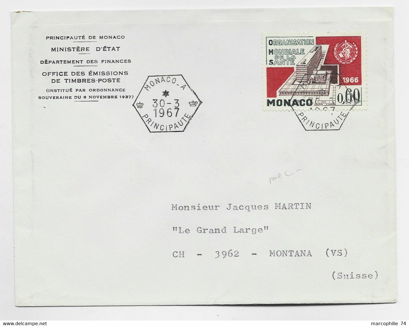 MONACO 60C SEUL LETTRE MECANIQUE C. HEX MONACO A 30.3.1967 TO SUISSE AU TARIF - Lettres & Documents