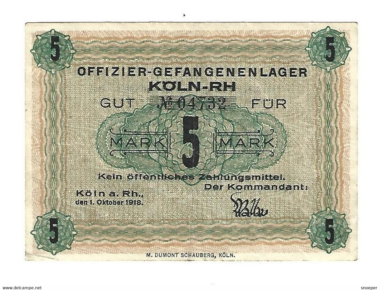 *germany Offizier Gefangenen Lager  Koln A. Rh.  5 Mark  05.07 - Andere & Zonder Classificatie