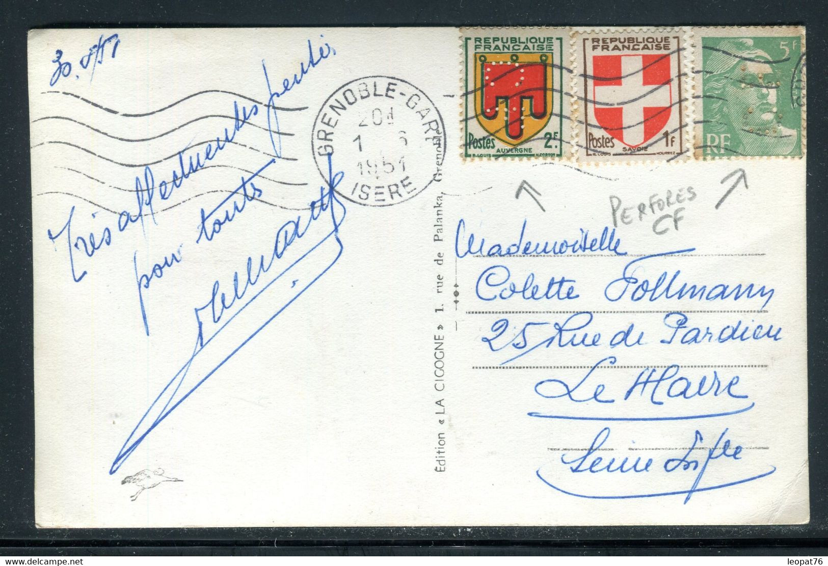 Blason Et Gandon Perforés CF Sur Carte Postale De Grenoble Pour Le Havre En 1951 - D 201 - Brieven En Documenten