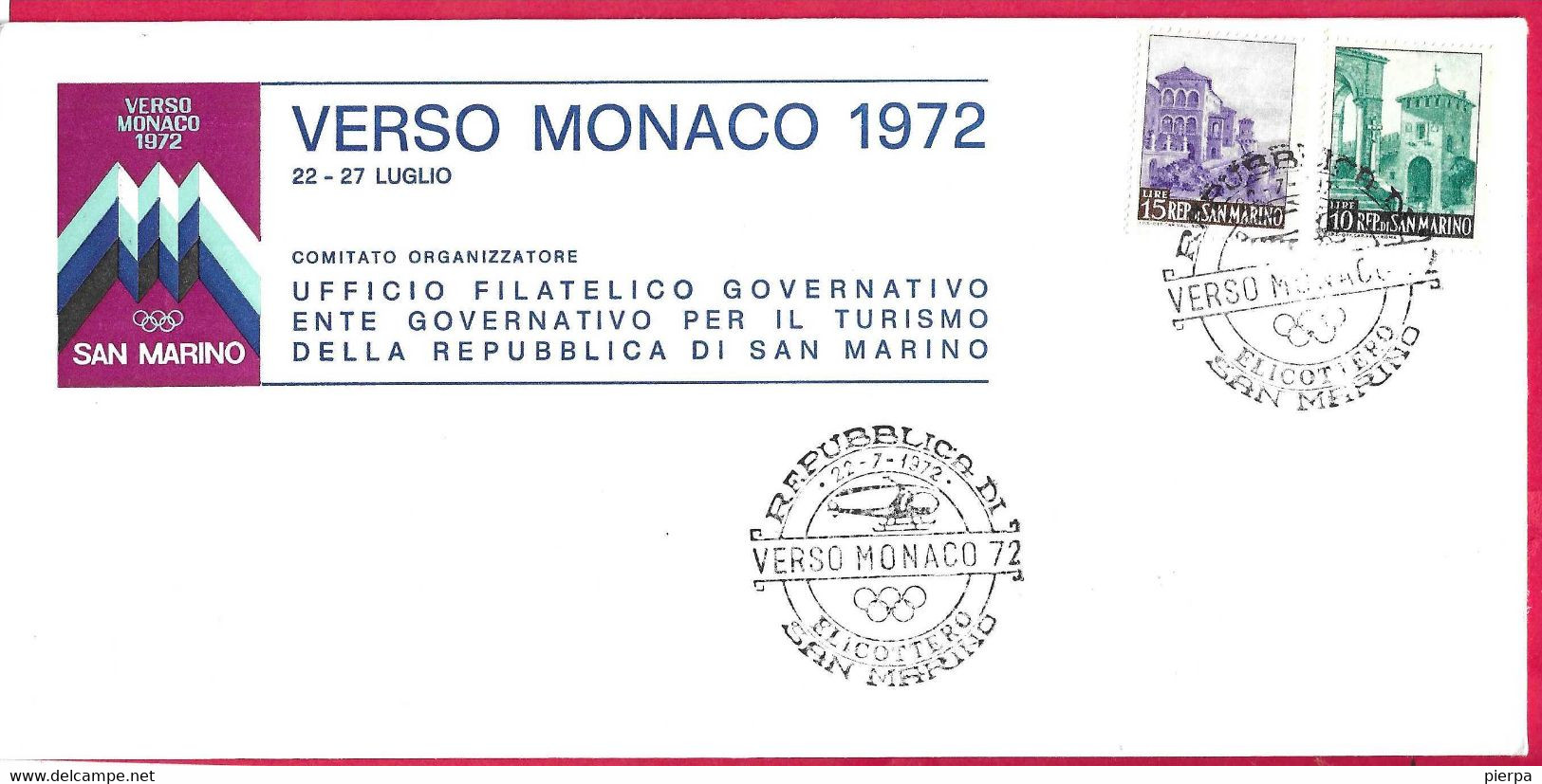 SAN MARINO - ANNULLO SPECIALE " VERSO MONACO 72*22.7.1972* ELICOTTERO SAN MARINO" SU BUSTA SPECIALE FORMATO COMMERCIALE - Storia Postale