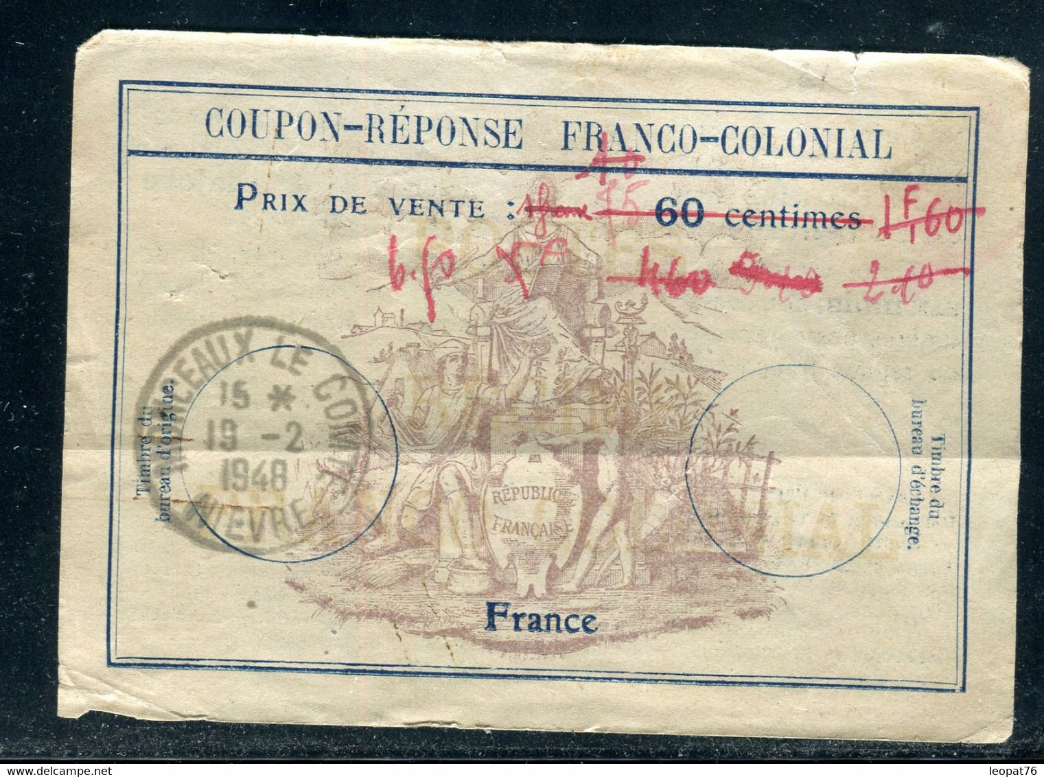 Coupon Réponse ( Petit Pli ) Franco Colonial De Monceaux Le Comte En 1948 - D 222 - Coupons-réponse