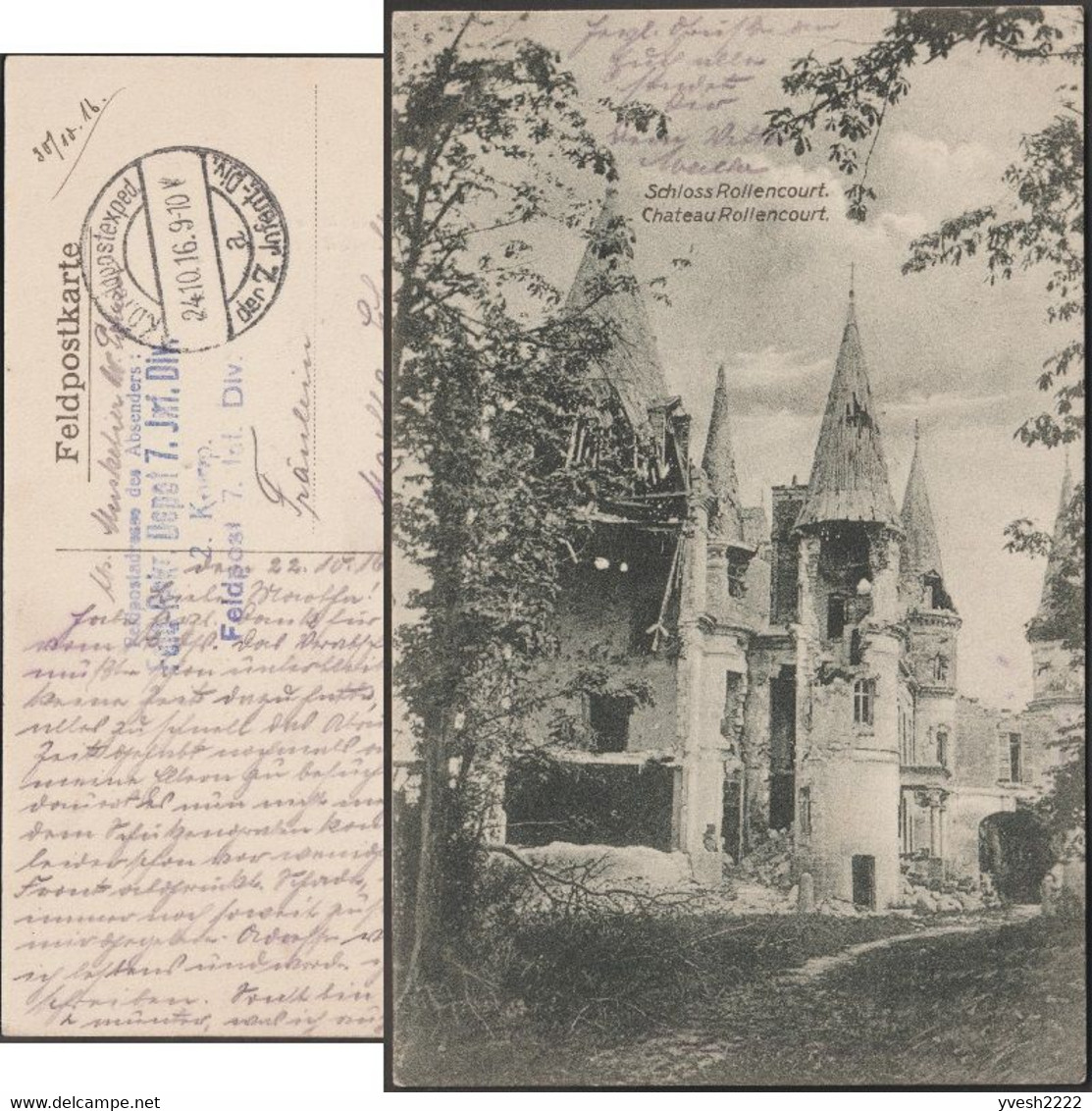 Allemagne / France 1916. Carte Postale De Franchise Militaire. Château Rollencourt, Liévin. Avant Destruction - Châteaux