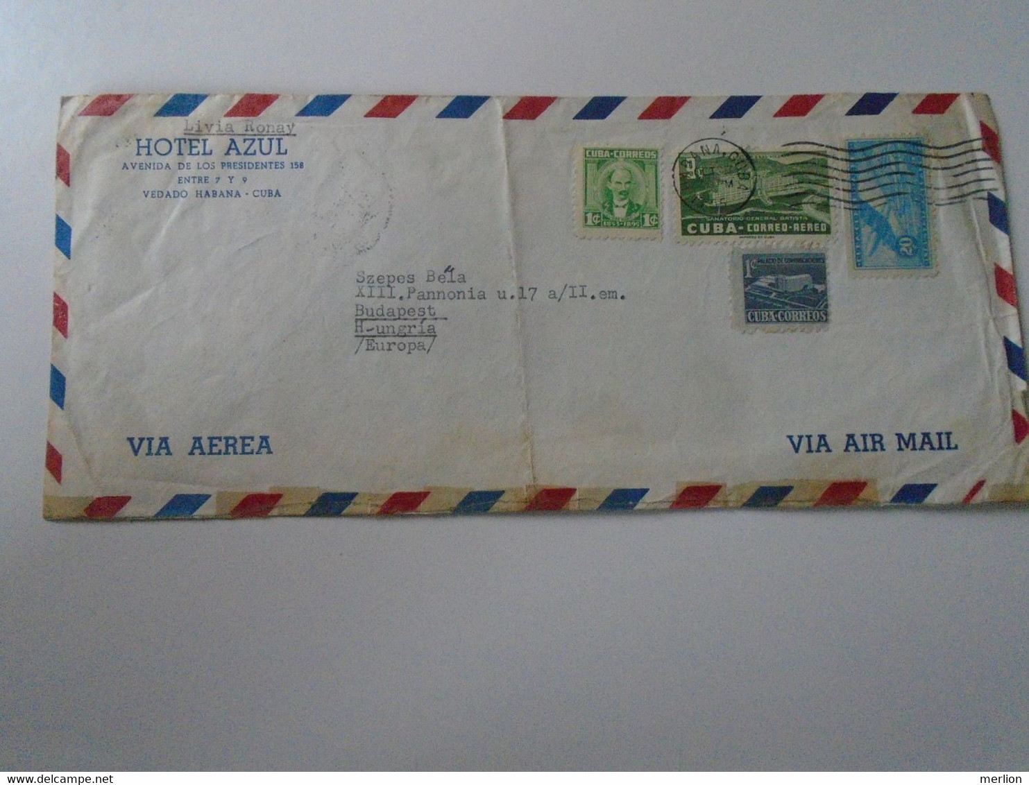ZA399.16    CUBA   Airmail Cover -  Cancel 1955  Hotel AZUL,  Habana  Livia Ronay    Sent To Hungary - Briefe U. Dokumente